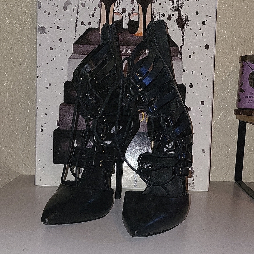 Steve Madden STS Black and Gold Lace Up Stiletto Heels